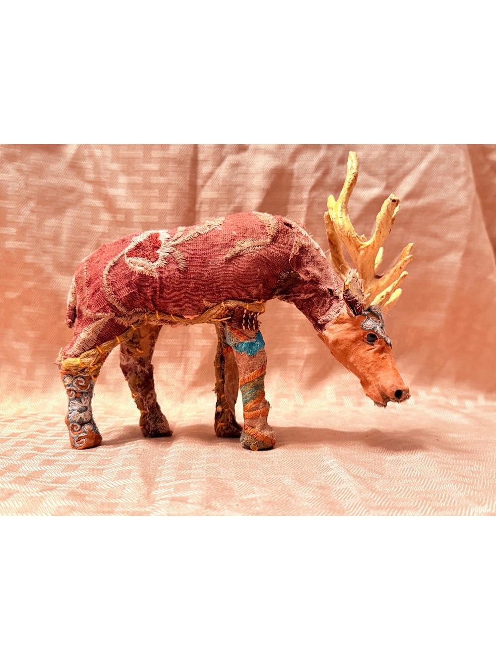 HomArt Petite Bavarian Forest Grazing Stag 8” Vintage Sari Fabric Deer India